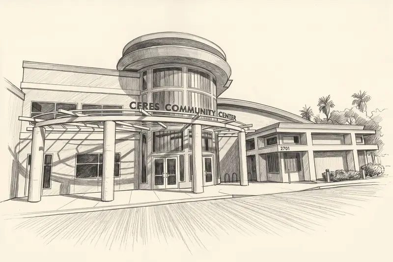 Pencil drawing of Ceres Community Center, Ceres.