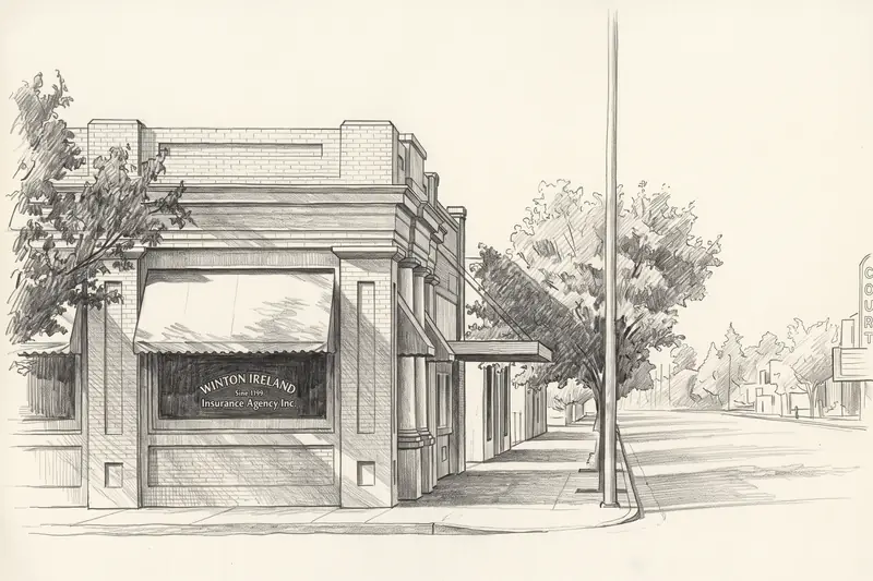 Pencil drawing of Winton Ireland building, Main Street, Livingston.