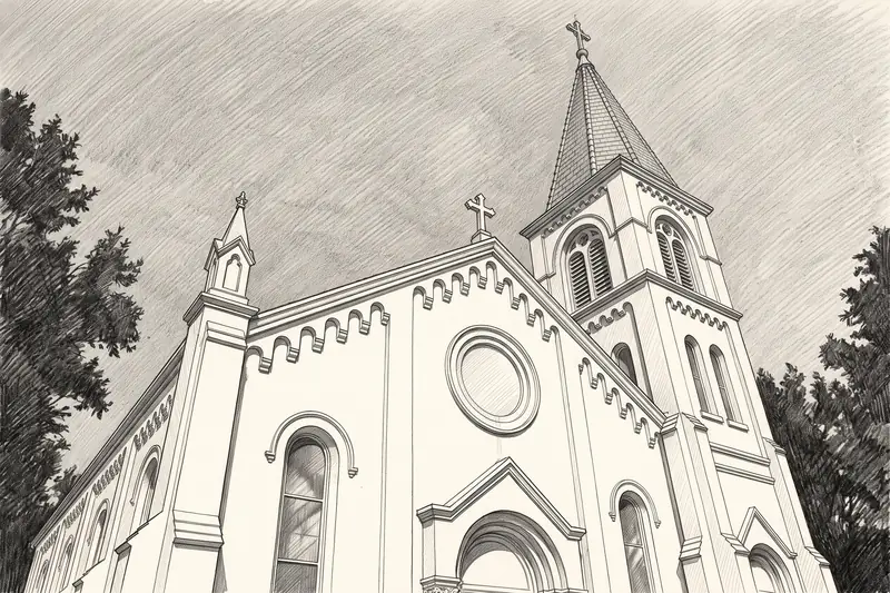 Pencil drawing of St Joseph's Church, Los Banos.
