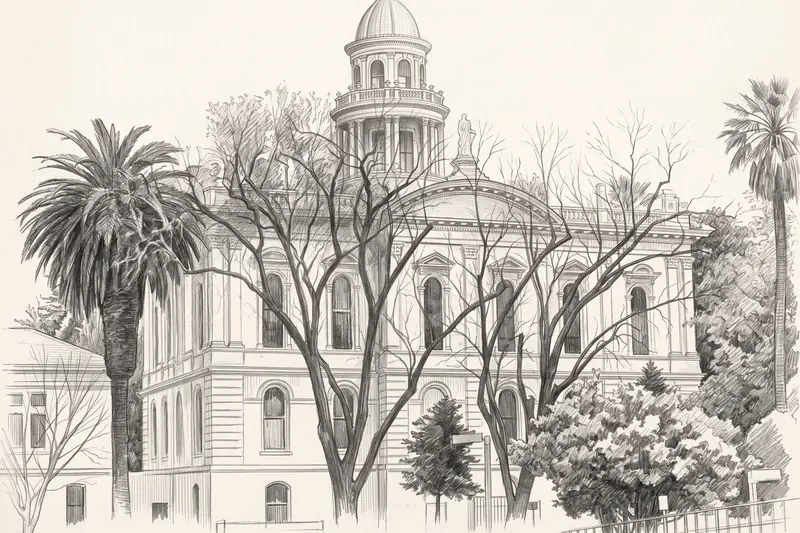 Pencil drawing of Merced County Courthouse Museum, Merced.