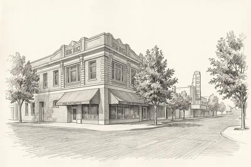 Pencil drawing of historic block on West Main Street, Turlock.
