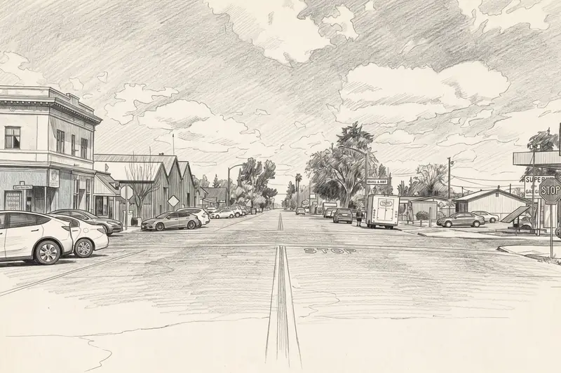 Pencil drawing of Walnut Avenue corner, downtown Winton, Winton.
