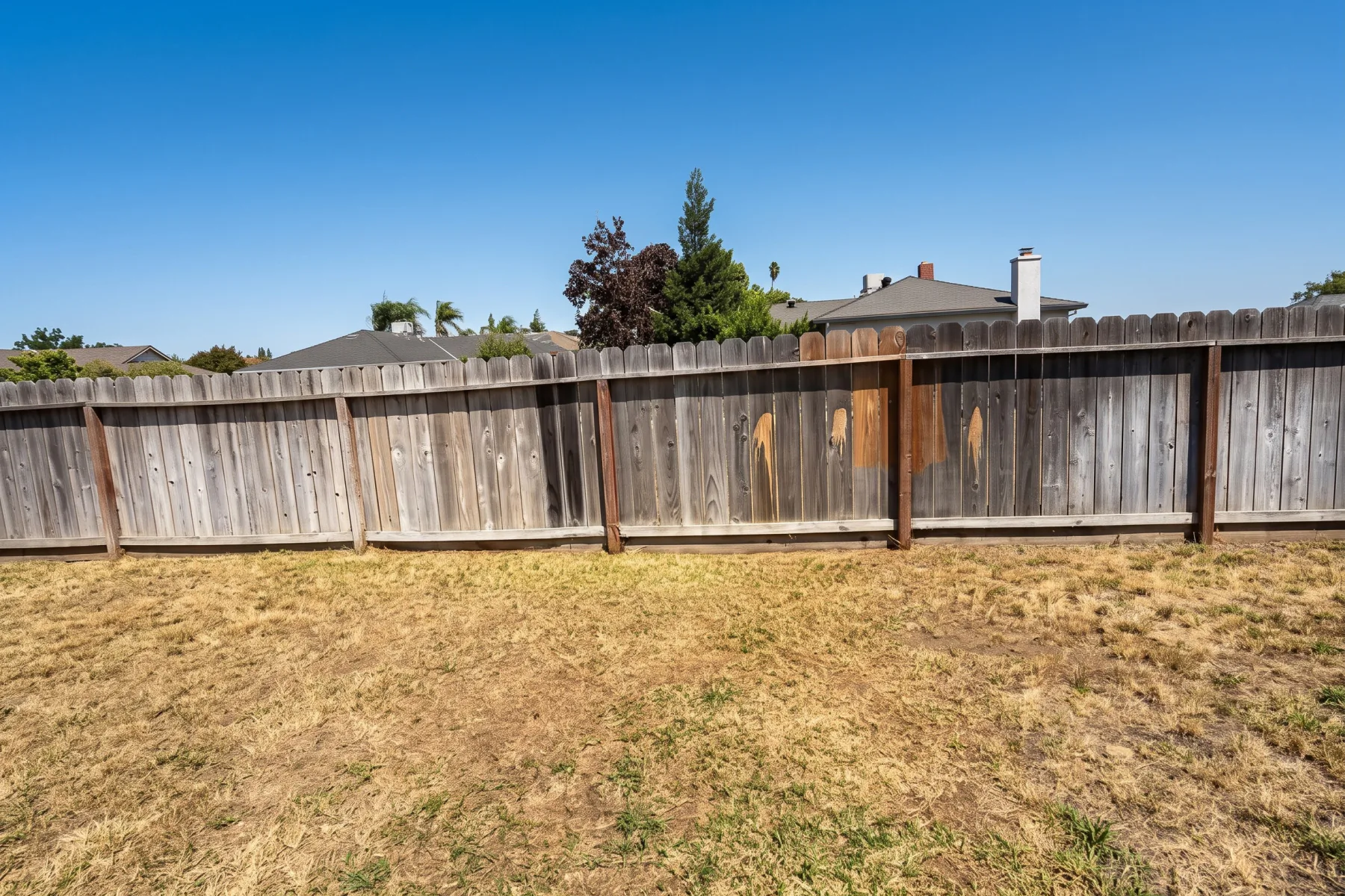Before painting: a back-yard boundary fence in Atwater in bare silvered timber, with lighter replacement boards and repair patches showing against the older weathered sections, over dry summer lawn.